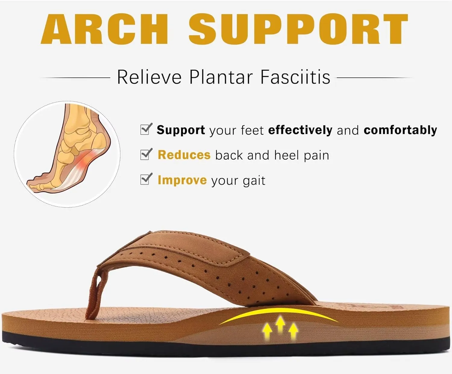 KuaiLu Men's Yoga Mat Leather Flip Flops with Arch Support Comfortable Cushion Walking Thong Sandals Slip On Indoor Outdoor