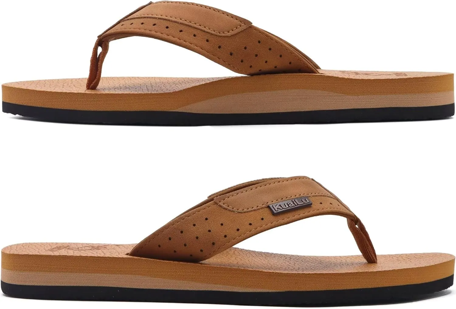 KuaiLu Men's Yoga Mat Leather Flip Flops with Arch Support Comfortable Cushion Walking Thong Sandals Slip On Indoor Outdoor