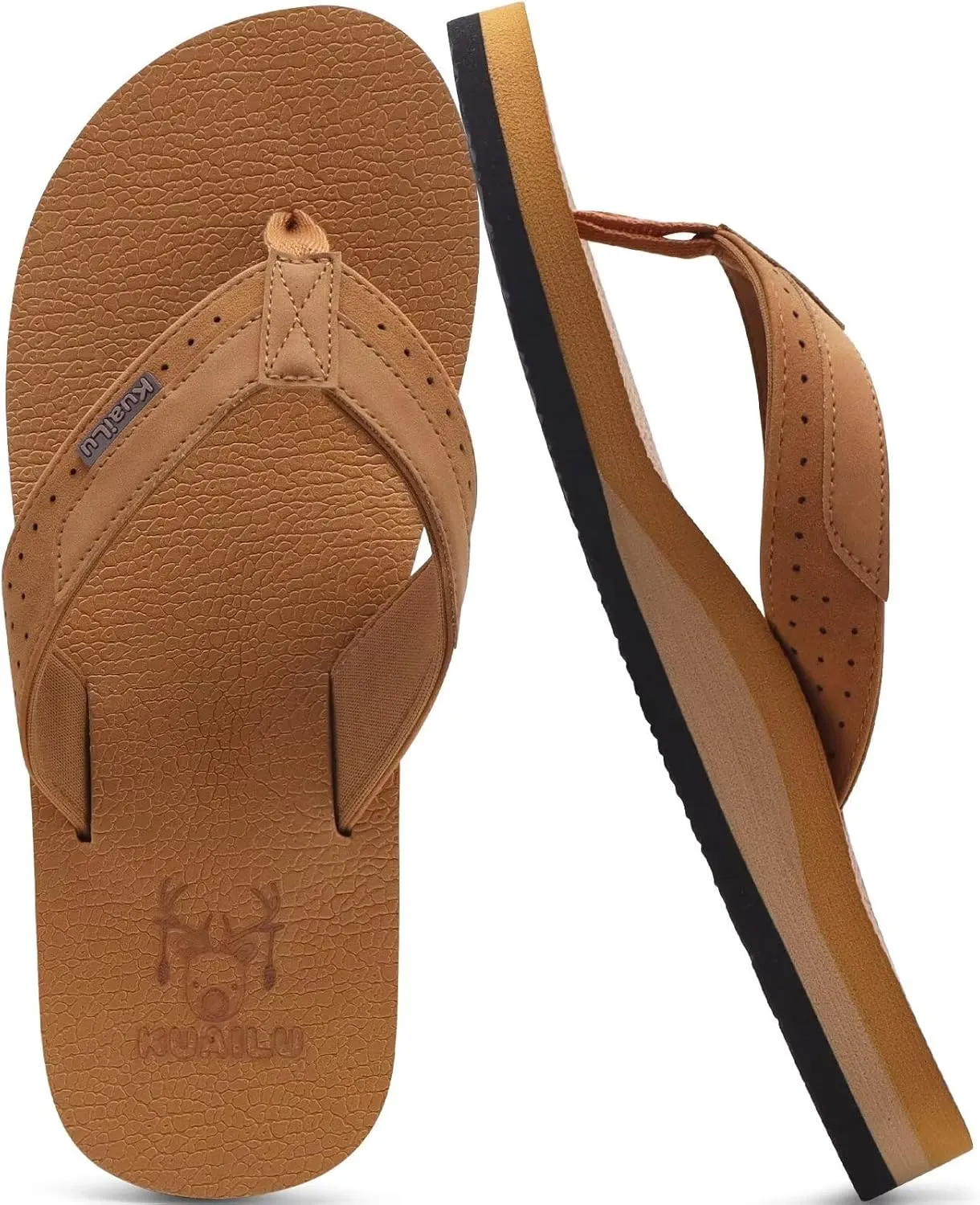 KuaiLu Men's Yoga Mat Leather Flip Flops with Arch Support Comfortable Cushion Walking Thong Sandals Slip On Indoor Outdoor