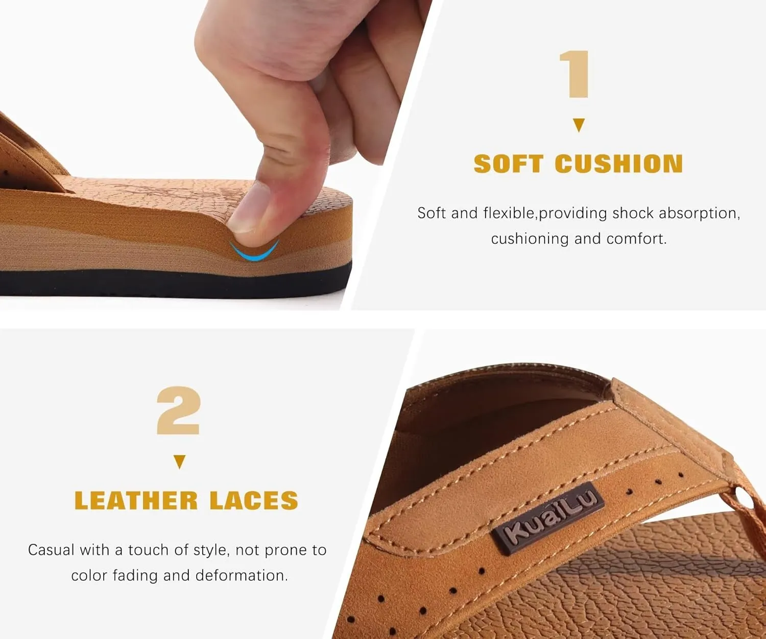 KuaiLu Men's Yoga Mat Leather Flip Flops with Arch Support Comfortable Cushion Walking Thong Sandals Slip On Indoor Outdoor