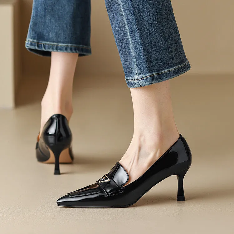 Ladies Pointed Toe Kitten Heel Loafers in Patent