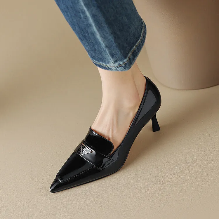 Ladies Pointed Toe Kitten Heel Loafers in Patent