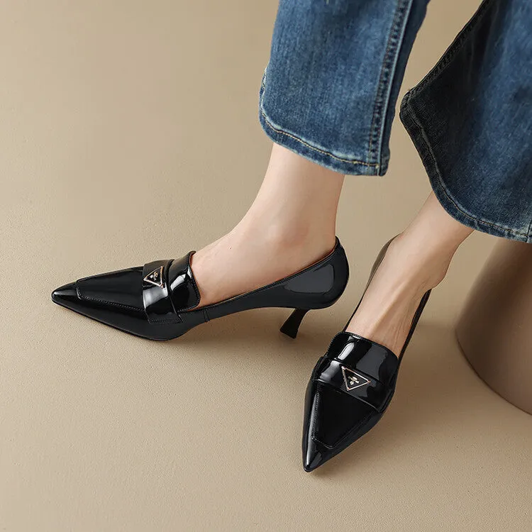 Ladies Pointed Toe Kitten Heel Loafers in Patent