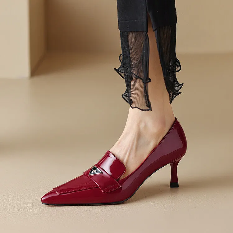 Ladies Pointed Toe Kitten Heel Loafers in Patent