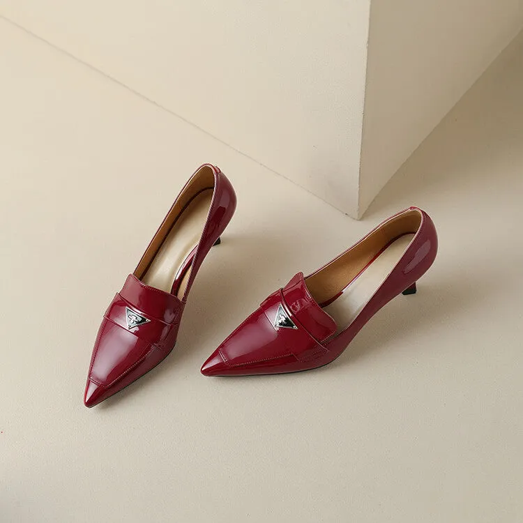 Ladies Pointed Toe Kitten Heel Loafers in Patent