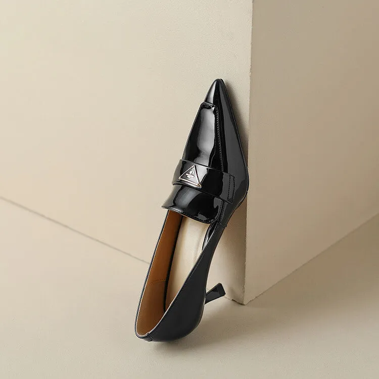 Ladies Pointed Toe Kitten Heel Loafers in Patent