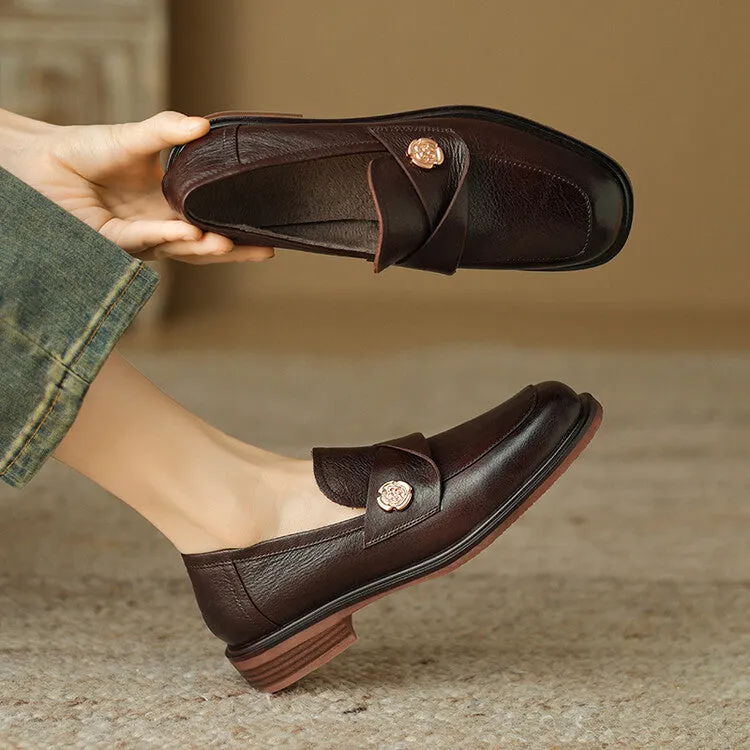 Ladies Round Toe Genuine Leather Flat Loafers