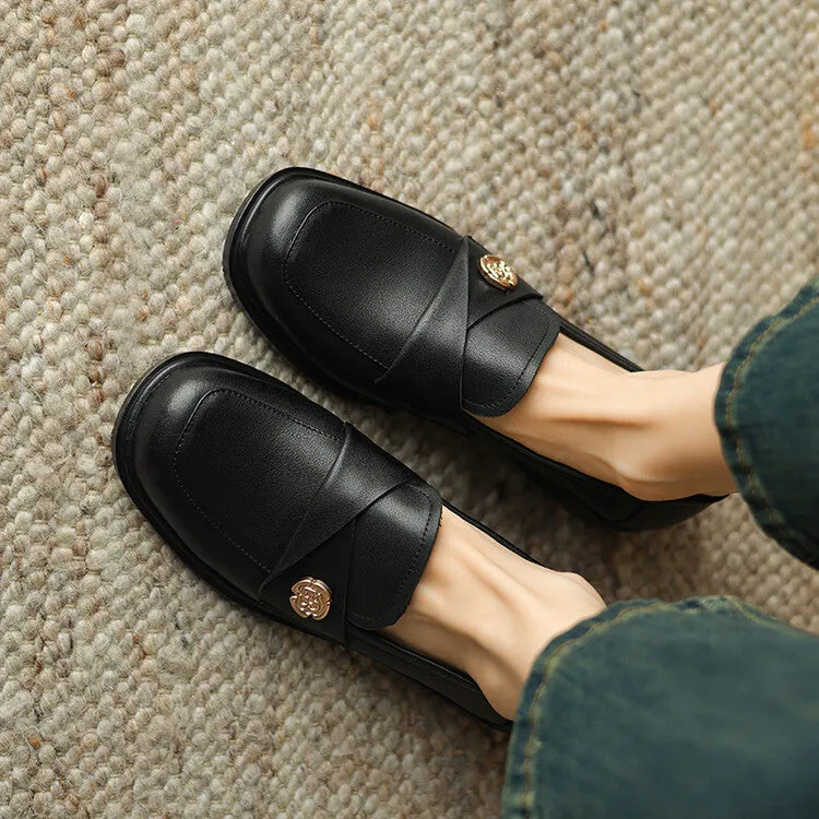 Ladies Round Toe Genuine Leather Flat Loafers