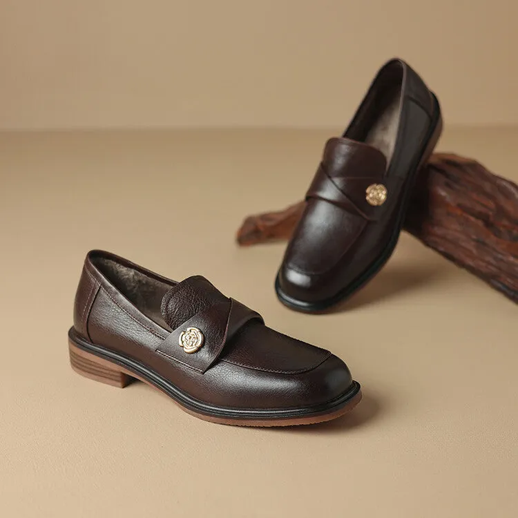 Ladies Round Toe Genuine Leather Flat Loafers
