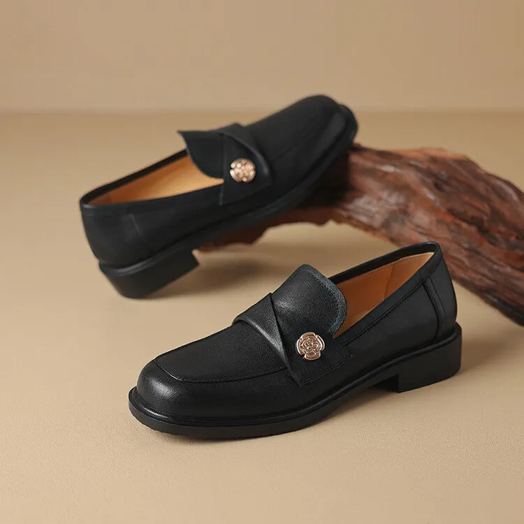 Ladies Round Toe Genuine Leather Flat Loafers