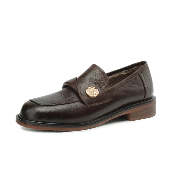 Ladies Round Toe Genuine Leather Flat Loafers