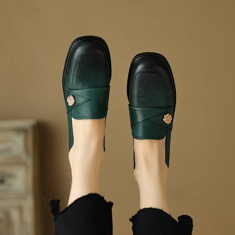 Ladies Round Toe Genuine Leather Flat Loafers