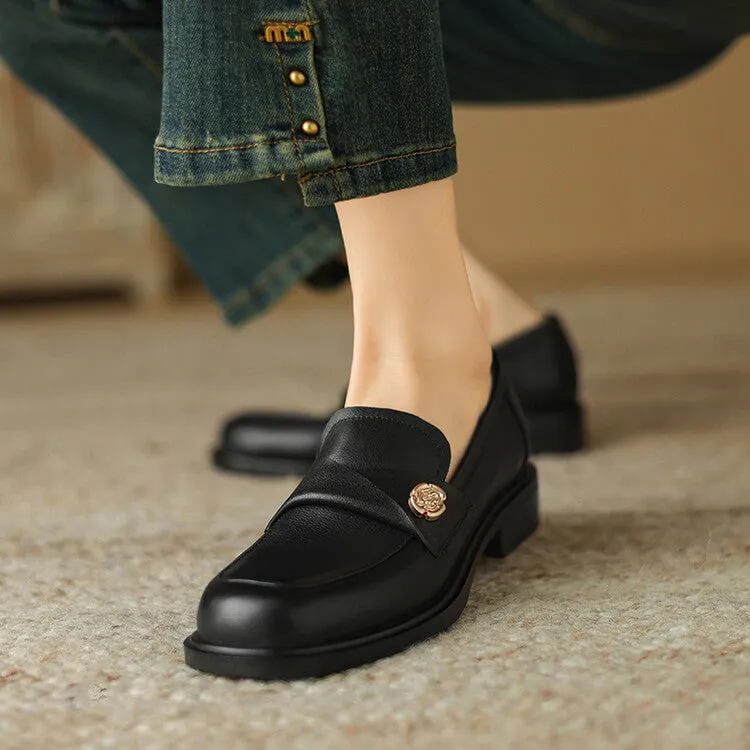 Ladies Round Toe Genuine Leather Flat Loafers