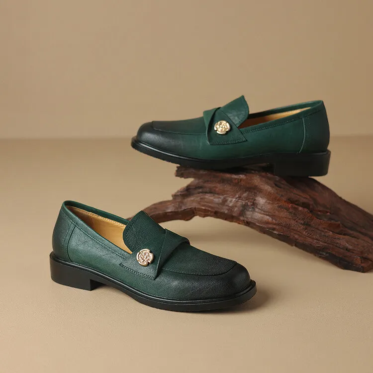 Ladies Round Toe Genuine Leather Flat Loafers