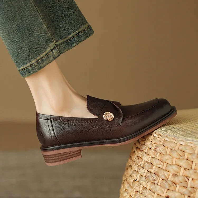 Ladies Round Toe Genuine Leather Flat Loafers