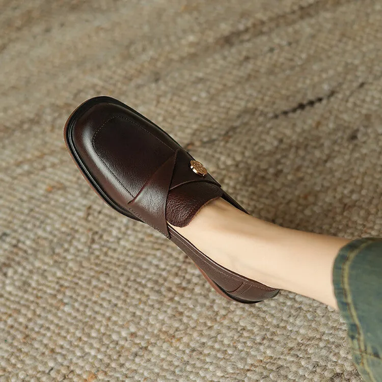 Ladies Round Toe Genuine Leather Flat Loafers