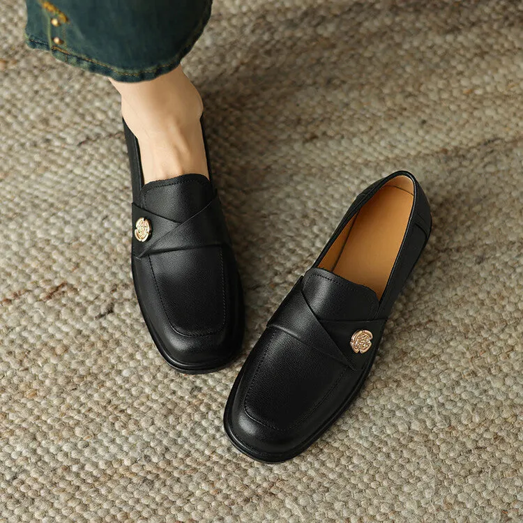 Ladies Round Toe Genuine Leather Flat Loafers