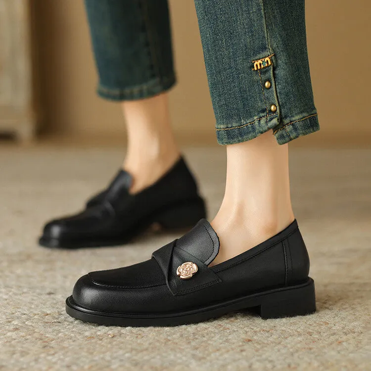 Ladies Round Toe Genuine Leather Flat Loafers