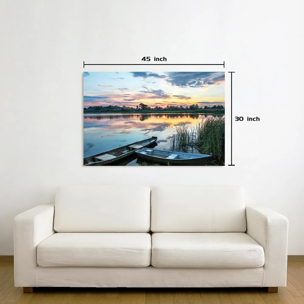 Lake Landscape Canvas Wall Art: Green Water Wilderness Painting Relaxing Dusk Scenery Picture for Living Room