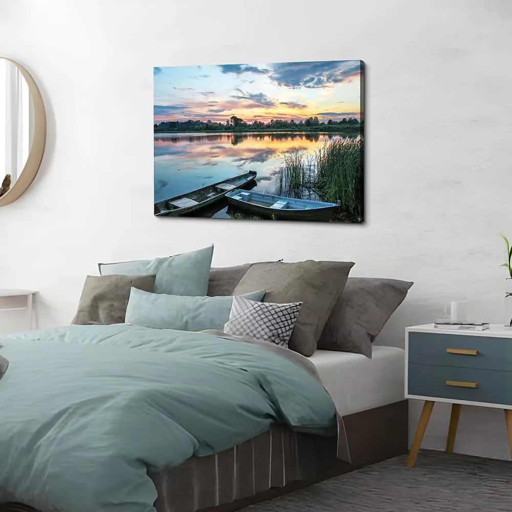 Lake Landscape Canvas Wall Art: Green Water Wilderness Painting Relaxing Dusk Scenery Picture for Living Room
