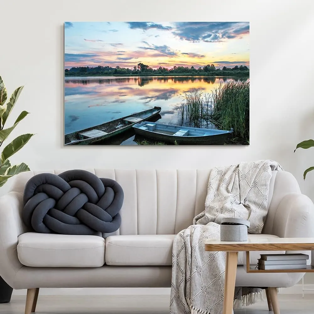 Lake Landscape Canvas Wall Art: Green Water Wilderness Painting Relaxing Dusk Scenery Picture for Living Room