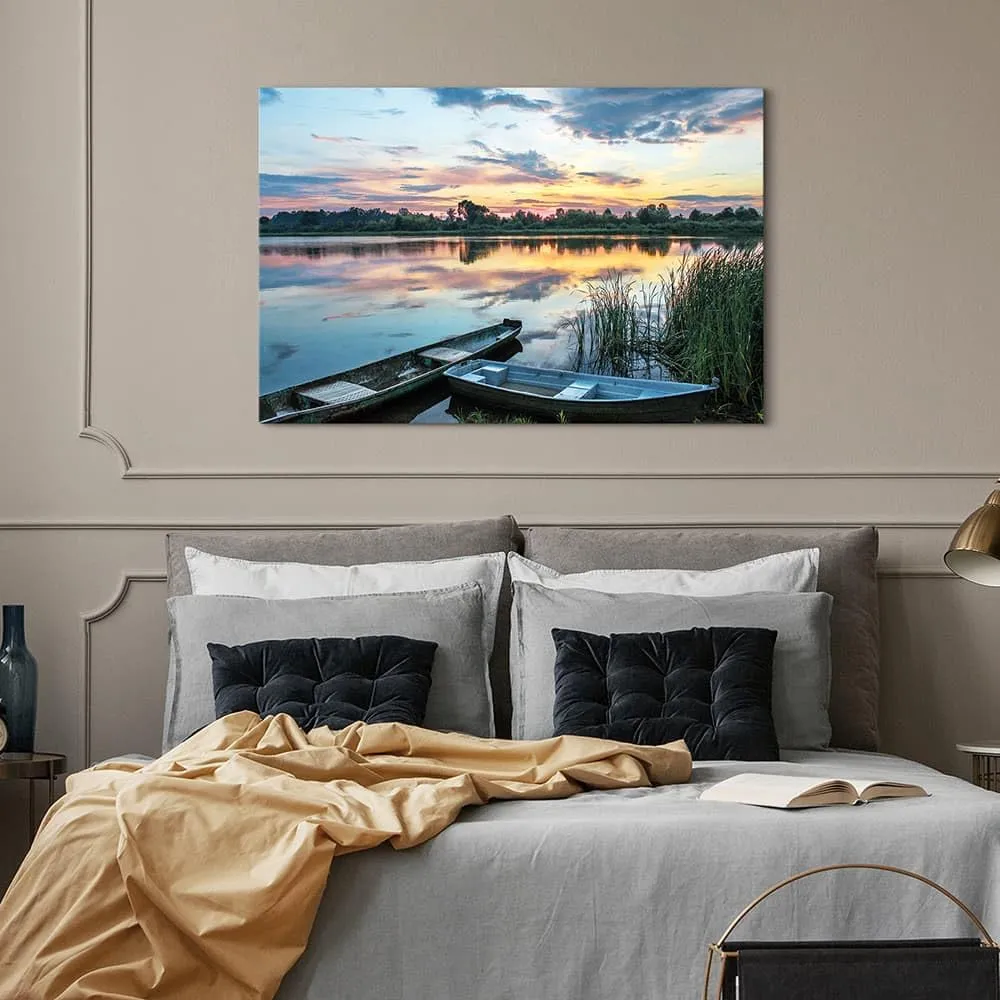 Lake Landscape Canvas Wall Art: Green Water Wilderness Painting Relaxing Dusk Scenery Picture for Living Room