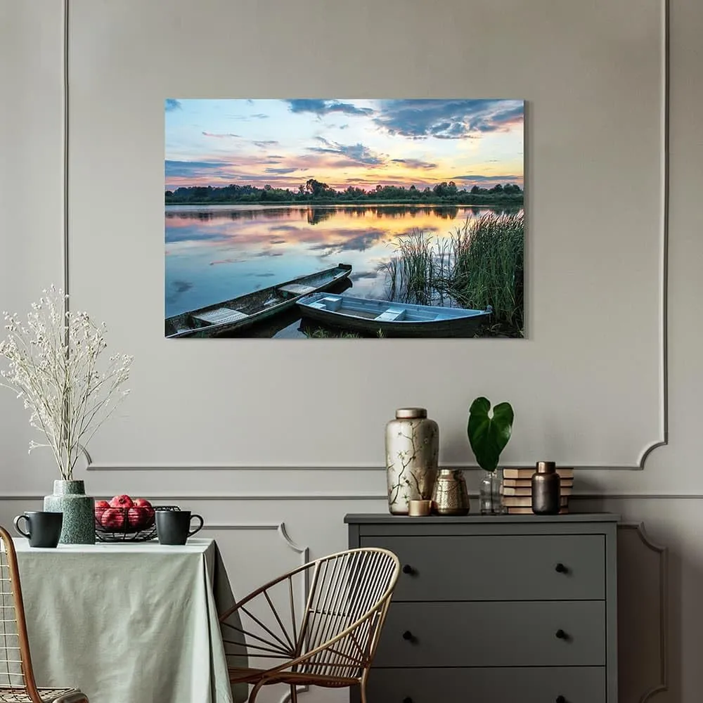Lake Landscape Canvas Wall Art: Green Water Wilderness Painting Relaxing Dusk Scenery Picture for Living Room