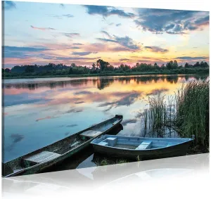 Lake Landscape Canvas Wall Art: Green Water Wilderness Painting Relaxing Dusk Scenery Picture for Living Room