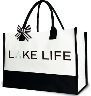 Lake Life Tote Bag, Beach Canvas Tote Bag Gift for Women, Funny Boat Accessories, 12x17 inch
