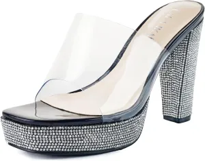 LALA IKAI Women's Black 4 Inches Rhinestone Platform Chunky Heels Sandals