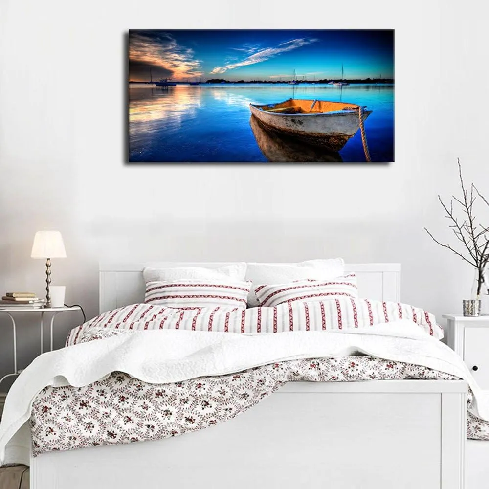 Large Canvas Wall Art Boat Blue Lake Clear Water Sunset Picture Modern Nature Canvas Artwork Landscape Contemporary Canvas Art for Home Decorations Office Wall Decor 24" x 48"