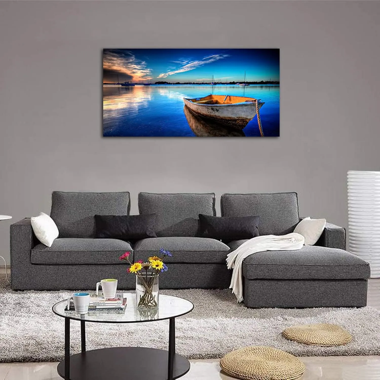 Large Canvas Wall Art Boat Blue Lake Clear Water Sunset Picture Modern Nature Canvas Artwork Landscape Contemporary Canvas Art for Home Decorations Office Wall Decor 24" x 48"
