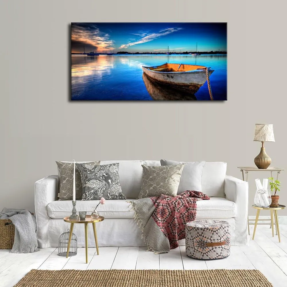 Large Canvas Wall Art Boat Blue Lake Clear Water Sunset Picture Modern Nature Canvas Artwork Landscape Contemporary Canvas Art for Home Decorations Office Wall Decor 24" x 48"