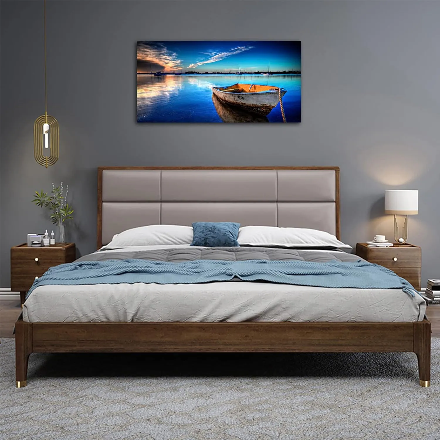 Large Canvas Wall Art Boat Blue Lake Clear Water Sunset Picture Modern Nature Canvas Artwork Landscape Contemporary Canvas Art for Home Decorations Office Wall Decor 24" x 48"