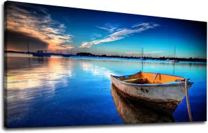 Large Canvas Wall Art Boat Blue Lake Clear Water Sunset Picture Modern Nature Canvas Artwork Landscape Contemporary Canvas Art for Home Decorations Office Wall Decor 24" x 48"