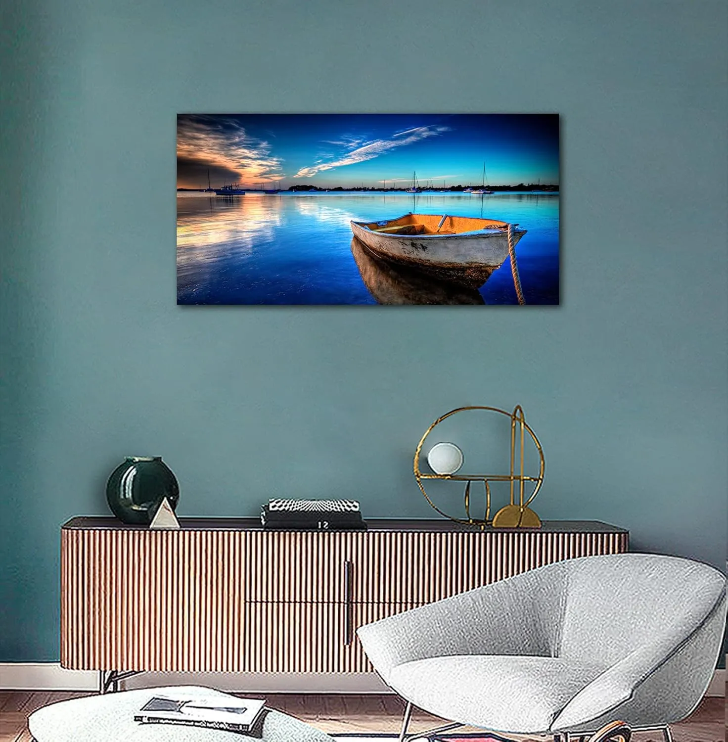 Large Canvas Wall Art Boat Blue Lake Clear Water Sunset Picture Modern Nature Canvas Artwork Landscape Contemporary Canvas Art for Home Decorations Office Wall Decor 24" x 48"