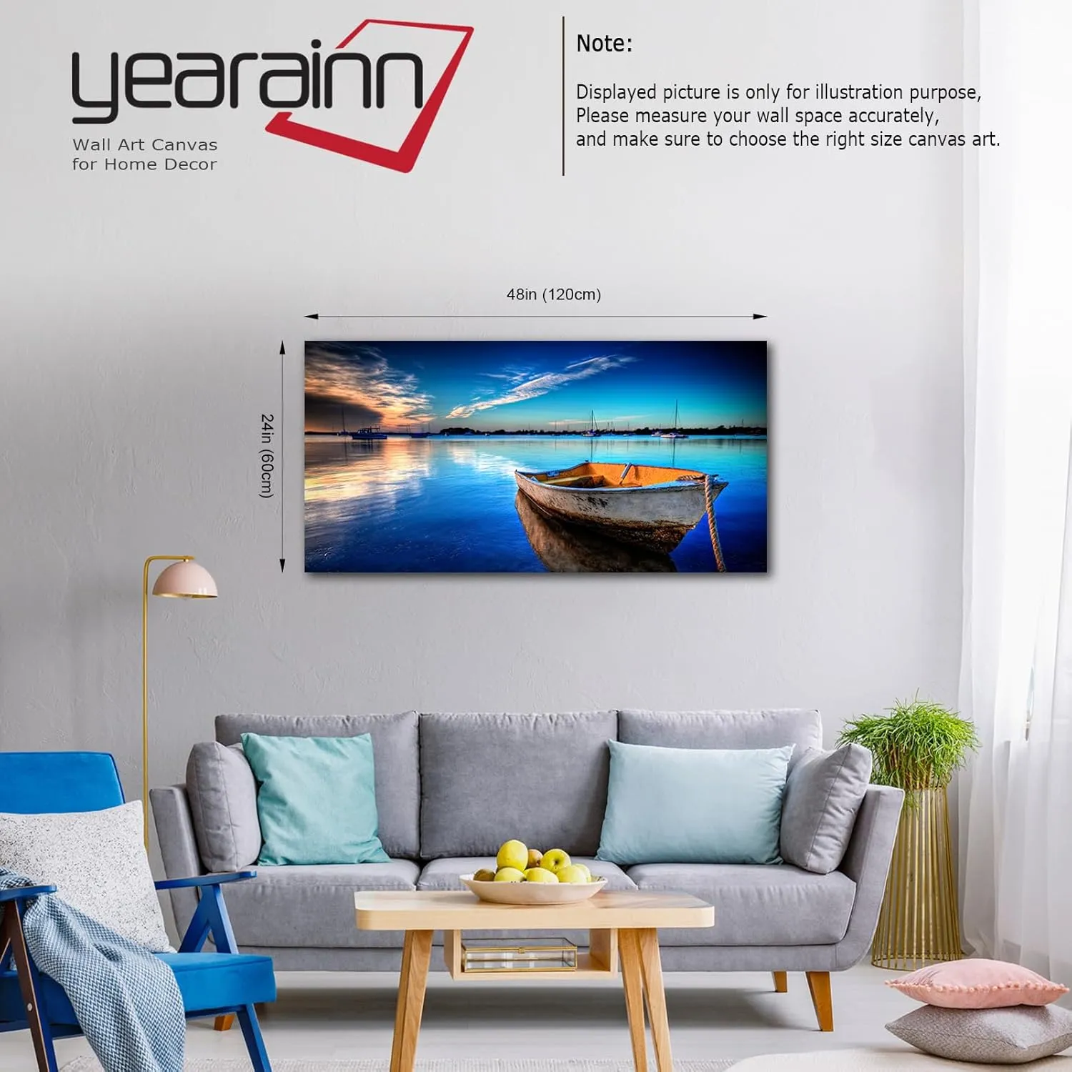 Large Canvas Wall Art Boat Blue Lake Clear Water Sunset Picture Modern Nature Canvas Artwork Landscape Contemporary Canvas Art for Home Decorations Office Wall Decor 24" x 48"