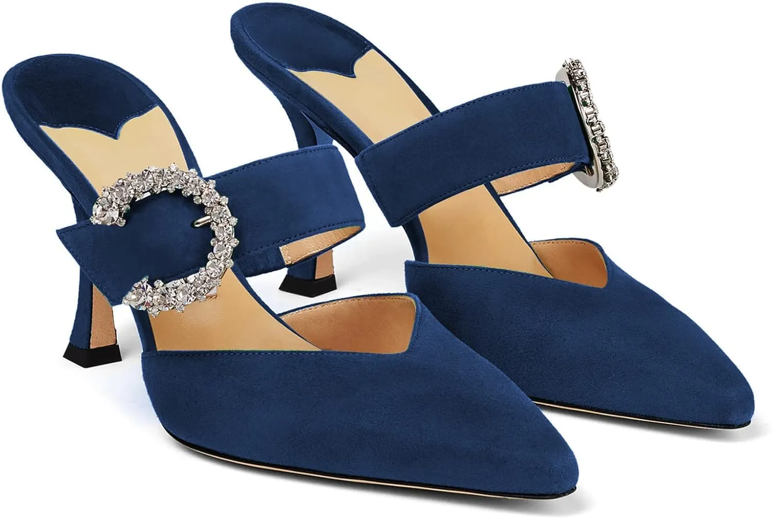 LauraVicci Women's Heeled Mules Crystal Horseshoe Buckle Pointed Toe Slip on Sandals 3.5 inches Curved Stiletto Heel Shoes