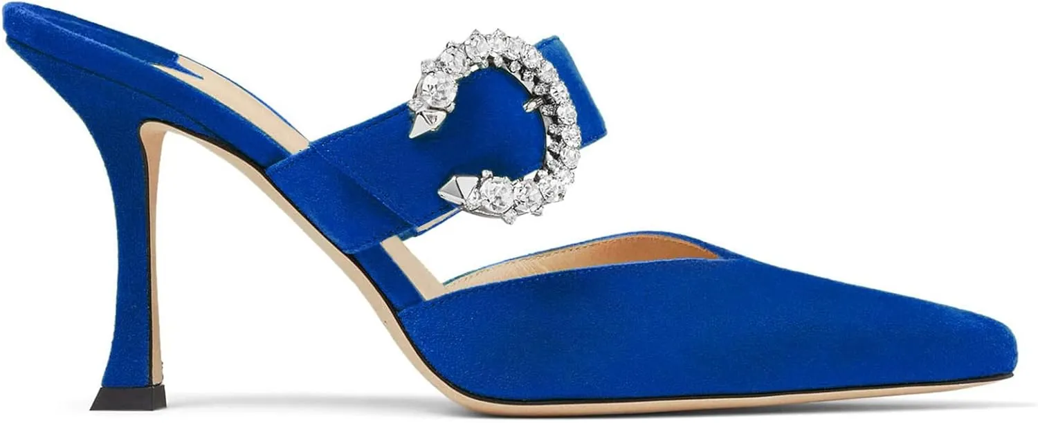 LauraVicci Women's Heeled Mules Crystal Horseshoe Buckle Pointed Toe Slip on Sandals 3.5 inches Curved Stiletto Heel Shoes