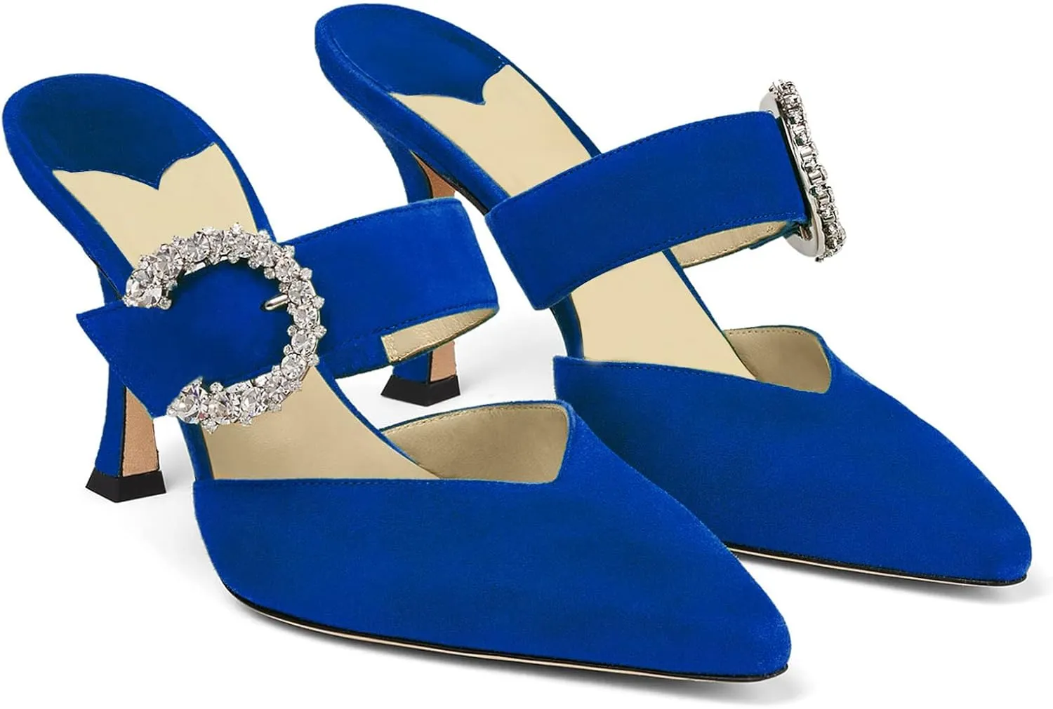 LauraVicci Women's Heeled Mules Crystal Horseshoe Buckle Pointed Toe Slip on Sandals 3.5 inches Curved Stiletto Heel Shoes