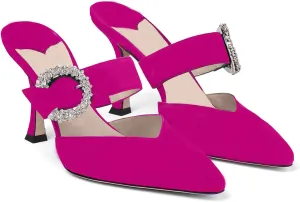LauraVicci Women's Heeled Mules Crystal Horseshoe Buckle Pointed Toe Slip on Sandals 3.5 inches Curved Stiletto Heel Shoes