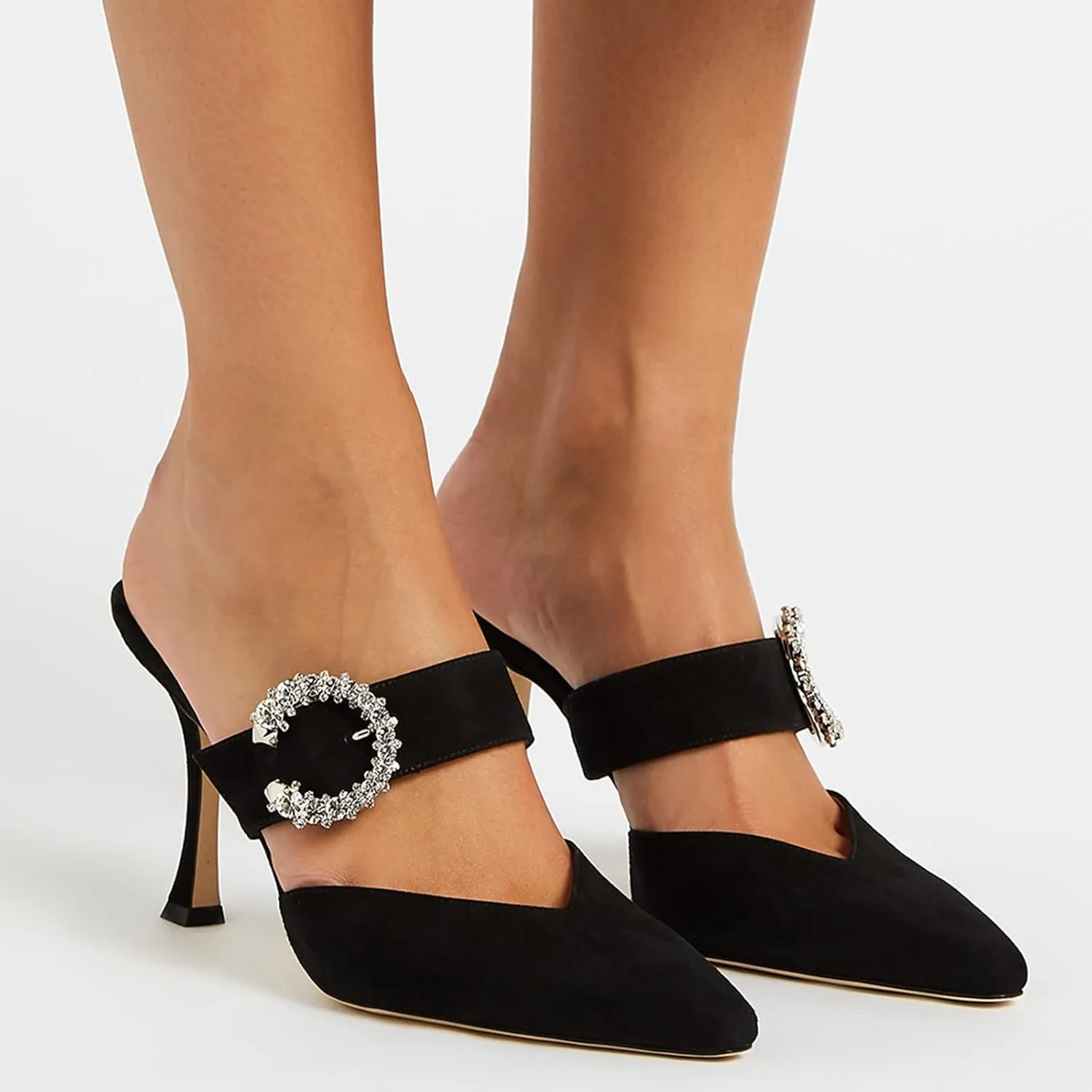 LauraVicci Women's Heeled Mules Crystal Horseshoe Buckle Pointed Toe Slip on Sandals 3.5 inches Curved Stiletto Heel Shoes
