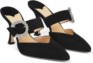 LauraVicci Women's Heeled Mules Crystal Horseshoe Buckle Pointed Toe Slip on Sandals 3.5 inches Curved Stiletto Heel Shoes