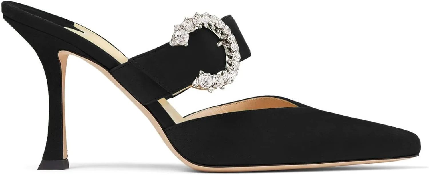LauraVicci Women's Heeled Mules Crystal Horseshoe Buckle Pointed Toe Slip on Sandals 3.5 inches Curved Stiletto Heel Shoes