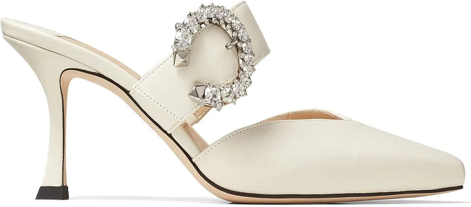 LauraVicci Women's Heeled Mules Crystal Horseshoe Buckle Pointed Toe Slip on Sandals 3.5 inches Curved Stiletto Heel Shoes