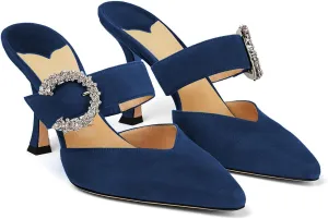 LauraVicci Women's Heeled Mules Crystal Horseshoe Buckle Pointed Toe Slip on Sandals 3.5 inches Curved Stiletto Heel Shoes