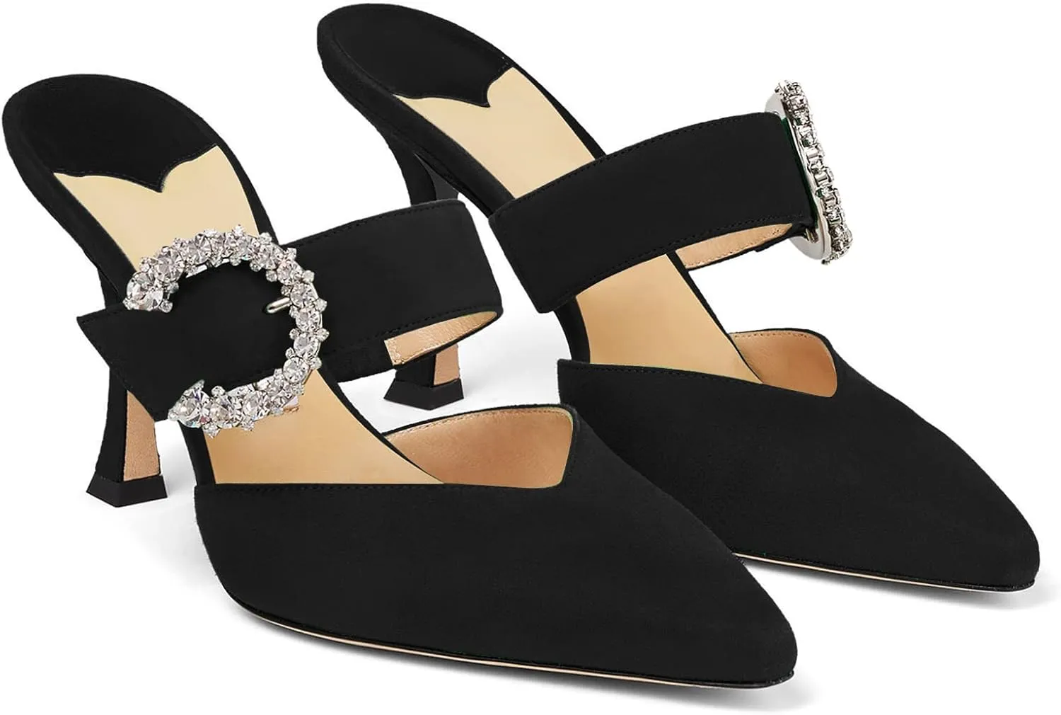 LauraVicci Women's Heeled Mules Crystal Horseshoe Buckle Pointed Toe Slip on Sandals 3.5 inches Curved Stiletto Heel Shoes