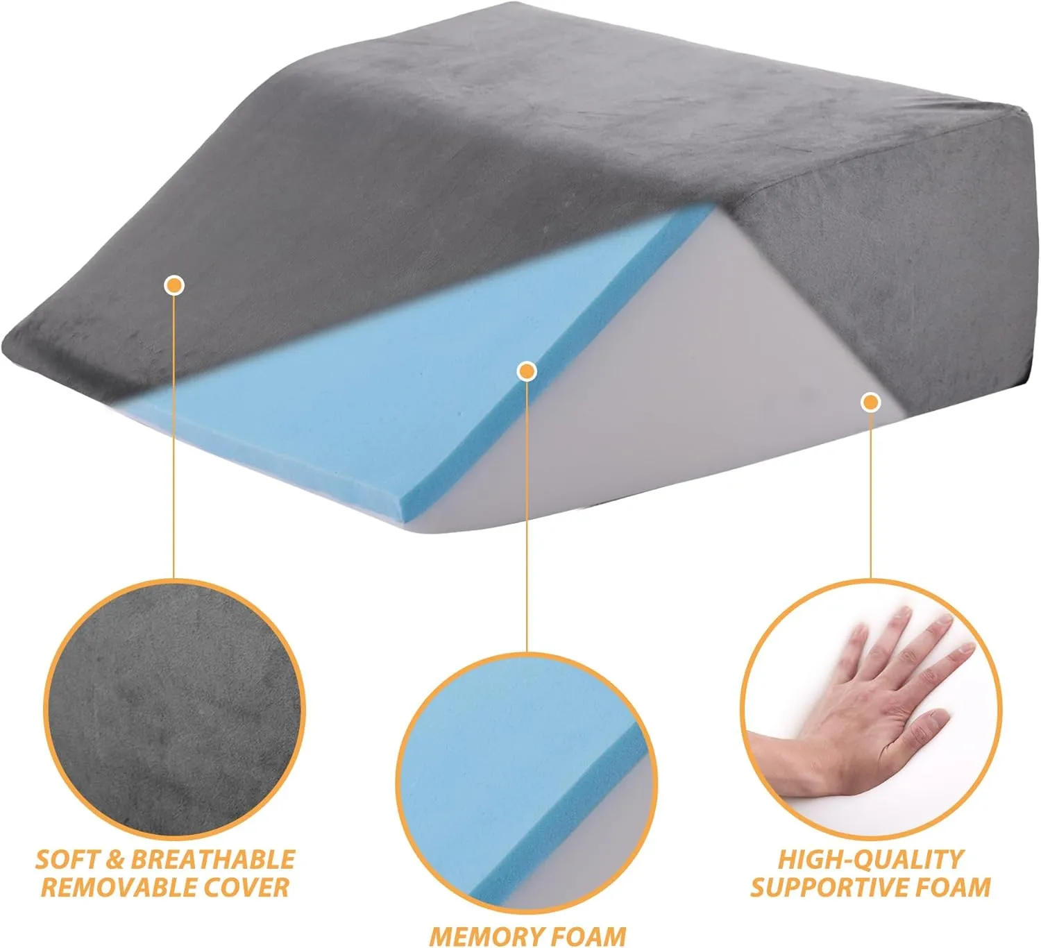 Leg Elevation Pillows, Leg Pillows for Sleeping, Cooling Gel Memory Foam Top, Wedge Pillow for Legs, Leg Wedges for Circulation, Swelling, After Surgery - Removable Cover (6 Inch, Dark Grey)