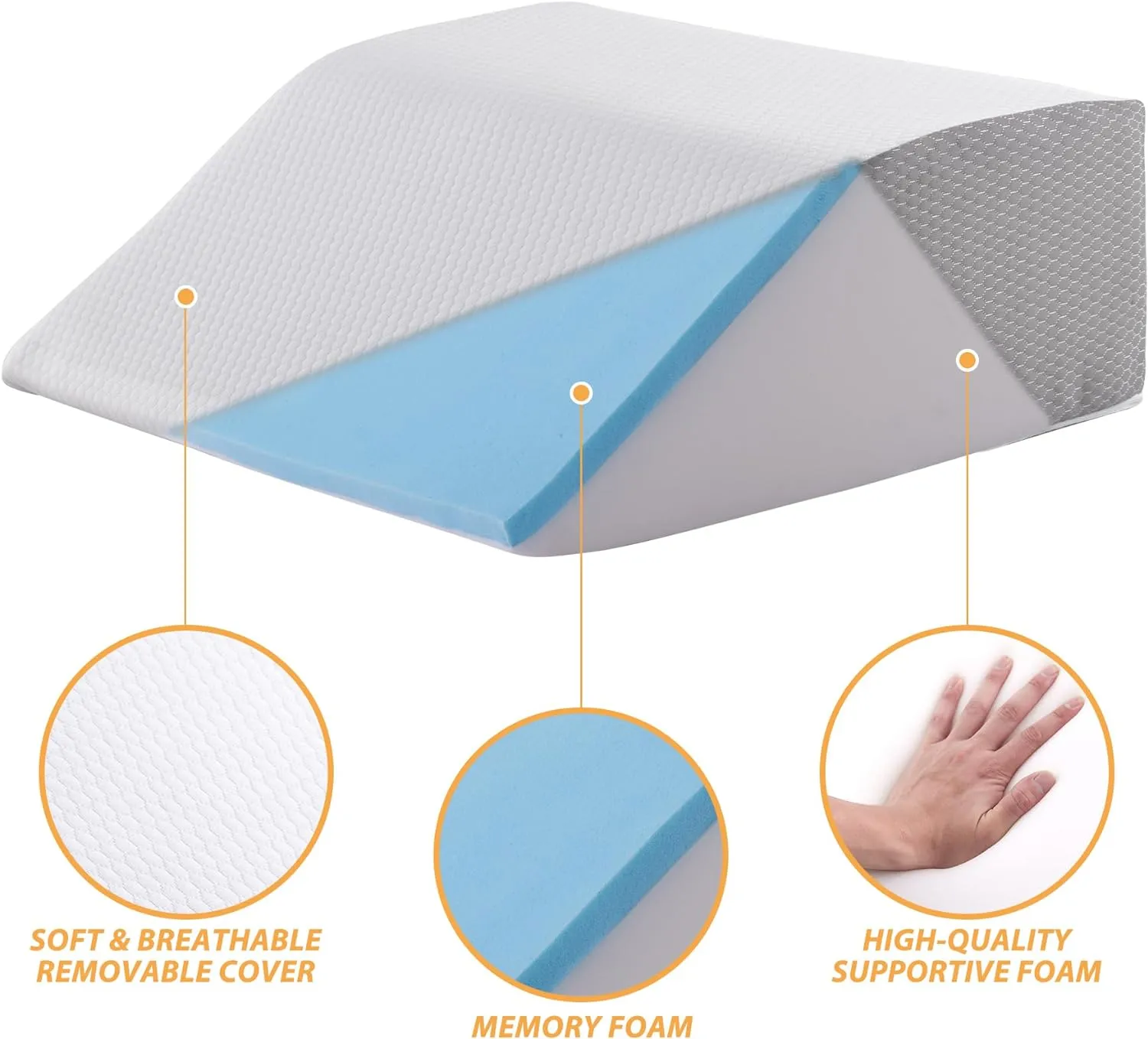Leg Elevation Pillows, Leg Pillows for Sleeping, Cooling Gel Memory Foam Top, Wedge Pillow for Legs, Leg Wedges for Circulation, Swelling, After Surgery - Removable Cover (6 Inch, White/Grey)