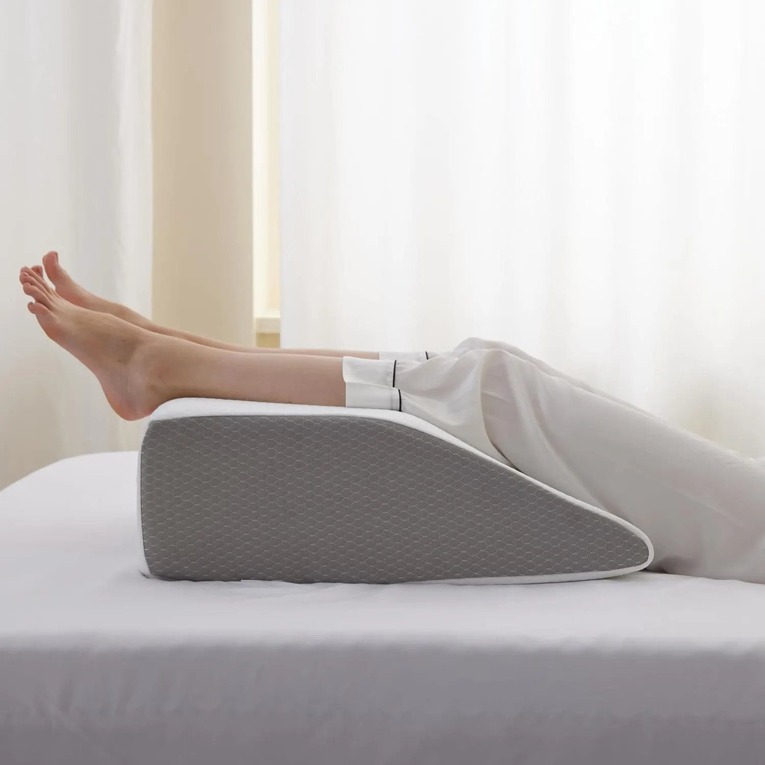 Leg Elevation Pillows, Leg Pillows for Sleeping, Cooling Gel Memory Foam Top, Wedge Pillow for Legs, Leg Wedges for Circulation, Swelling, After Surgery - Removable Cover (6 Inch, White/Grey)